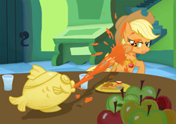 Size: 1923x1355 | Tagged: safe, artist:vladimir-olegovych, character:applejack, species:earth pony, species:pony, episode:keep calm and flutter on, g4, my little pony: friendship is magic, apple, apple fritter (food), cup, element of honesty, female, fish, food, scene interpretation, solo, spitting, table