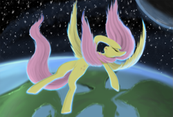 Size: 1035x698 | Tagged: safe, artist:vladimir-olegovych, character:fluttershy, species:pegasus, species:pony, falling, female, moon, planet, solo, song reference, space, stars