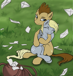 Size: 1084x1138 | Tagged: safe, artist:vladimir-olegovych, character:derpy hooves, character:doctor whooves, character:time turner, species:earth pony, species:pegasus, species:pony, ship:doctorderpy, eyes closed, female, grass, hug, letter, mail, mailbag, male, shipping, straight