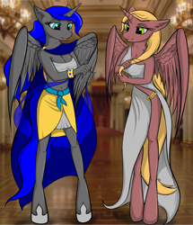 Size: 2947x3432 | Tagged: safe, artist:vladimir-olegovych, oc, oc only, oc:techno universal, species:alicorn, species:anthro, species:pony, species:unguligrade anthro, alicorn oc, anthro oc, belly button, bracelet, breasts, cape, cleavage, clothing, dress, duo, fashion, female, hoof shoes, jewelry, mare, midriff, shoes, side slit, skirt, total sideslit