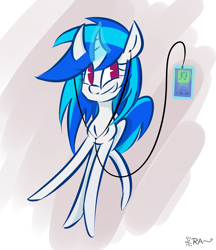 Size: 2278x2632 | Tagged: safe, artist:ratann, character:dj pon-3, character:vinyl scratch, species:pony, species:unicorn, curved horn, earbuds, female, grin, horn, magic, music player, no pupils, smiling, solo, telekinesis