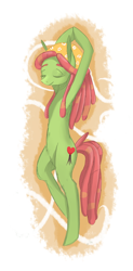 Size: 1378x2808 | Tagged: safe, artist:ratann, character:tree hugger, species:earth pony, species:pony, episode:on your marks, g4, my little pony: friendship is magic, belly button, bipedal, eyes closed, female, modeling, scene interpretation, solo