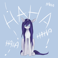 Size: 2449x2449 | Tagged: safe, artist:ratann, character:rarity, species:pony, species:unicorn, g4, blue background, eyes closed, female, full face view, laughing, messy mane, mocking, sad, simple background, sitting, solo, straight mane, text