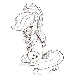 Size: 2449x2449 | Tagged: safe, artist:ratann, character:apple bloom, character:applejack, species:earth pony, species:pony, doll, eyes closed, female, grayscale, hug, monochrome, pointy ponies, sitting, sketch, solo, toy