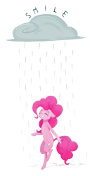 Size: 1585x3015 | Tagged: safe, artist:ratann, character:pinkie pie, species:earth pony, species:pony, bipedal, cloud, eyes closed, female, rain, raincloud, simple background, smiling, solo, white background