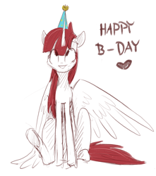 Size: 2302x2604 | Tagged: safe, artist:ratann, oc, oc only, oc:fausticorn, species:alicorn, species:pony, clothing, cute, faustabetes, happy birthday, happy birthday lauren faust, hat, party hat, sitting, sketch, solo
