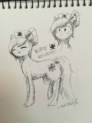 Size: 1488x1984 | Tagged: safe, artist:ratann, character:nurse redheart, species:earth pony, species:pony, clothing, eyes closed, female, hat, monochrome, nurse hat, sketch, solo, traditional art