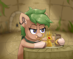 Size: 4795x3875 | Tagged: safe, artist:waffletheheadmare, oc, oc only, oc:tealeaf, ancient, bag, brick, clothing, doe, door, dust, ear fluff, ear piercing, earring, eyebrows, eyelashes, freckles, gold, green hair, half-closed eyes, jewelry, multicolored coat, pedestal, piercing, plants, ruby, scarf, shawl, statue, statuette, stone, temple, tongue out