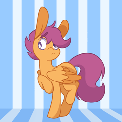 Size: 2160x2160 | Tagged: safe, artist:connorbal, character:scootaloo, species:pegasus, species:pony, female, filly, long ears, raised hoof, solo, striped background