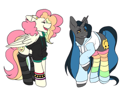Size: 2732x2048 | Tagged: safe, artist:blacksky1113, artist:icey-wicey-1517, edit, oc, oc only, oc:cheery candy, oc:tough cookie (ice1517), species:pegasus, species:pony, species:unicorn, cheerycookie, clothes swap, clothing, collaboration, color edit, colored, cute, ear piercing, earring, eyes closed, eyeshadow, female, hoodie, jewelry, lesbian, makeup, mare, multicolored hair, oc x oc, open mouth, piercing, rainbow hair, rainbow socks, raised hoof, shipping, simple background, socks, striped socks, transparent background, wristband