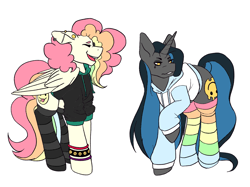 Size: 2732x2048 | Tagged: safe, alternate version, artist:blacksky1113, artist:icey-wicey-1517, edit, oc, oc only, oc:cheery candy, oc:tough cookie (ice1517), species:pegasus, species:pony, species:unicorn, cheerycookie, clothes swap, clothing, collaboration, color edit, colored, cute, ear piercing, earring, eyes closed, eyeshadow, female, hoodie, jewelry, lesbian, makeup, mare, multicolored hair, oc x oc, open mouth, piercing, rainbow hair, rainbow socks, raised hoof, shipping, simple background, socks, striped socks, white background, wristband