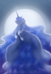 Size: 700x1000 | Tagged: safe, artist:brendalobinha, character:princess luna, species:alicorn, species:pony, crown, eyes closed, female, flying, impossibly long hair, impossibly long tail, jewelry, mare, moon, regalia, solo, stars, wings