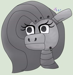 Size: 2064x2136 | Tagged: safe, artist:brendalobinha, character:fluttershy, species:pony, bust, female, flutterbot, gray background, grayscale, monochrome, paint tool sai, robot, robot pony, simple background, solo