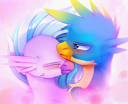 Size: 1350x1100 | Tagged: safe, artist:lostdreamm, character:gallus, character:silverstream, species:griffon, species:hippogriff, ship:gallstream, blushing, cute, dawwww, diastreamies, female, gallabetes, male, nuzzling, shipping, straight