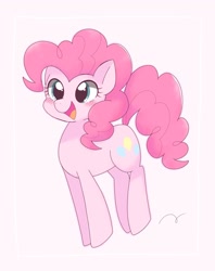 Size: 1619x2048 | Tagged: safe, artist:ginmaruxx, character:pinkie pie, species:earth pony, species:pony, blushing, cute, diapinkes, female, mare, open mouth, pink background, pronking, simple background, solo