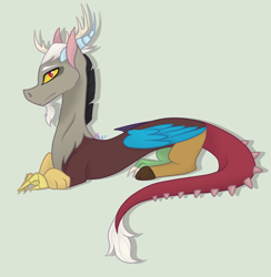Size: 1200x1228 | Tagged: safe, artist:brendalobinha, character:discord, species:draconequus, gray background, looking at you, male, simple background, sitting, solo