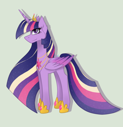 Size: 1200x1228 | Tagged: safe, artist:brendalobinha, character:twilight sparkle, character:twilight sparkle (alicorn), species:alicorn, species:pony, colored wings, crown, ear fluff, female, gradient wings, gray background, jewelry, looking at you, mare, rainbow power, regalia, simple background, solo, wings