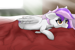 Size: 5000x3340 | Tagged: safe, artist:waffletheheadmare, oc, oc only, oc:mewio, species:pegasus, species:pony, bed, cover, cutie mark, eyelashes, eyeshadows, female, floppy ears, half-closed eyes, lying down, mare, multicolored hair, quilt, smiling, sun ray, wardrobe, window, wings