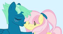 Size: 3680x2028 | Tagged: safe, artist:melimoo2000, base used, character:fluttershy, character:sky stinger, species:pegasus, species:pony, blushing, couple, eyebrows, eyes closed, female, fluffy mane, folded wings, holding, husband and wife, male, mane highlights, mare, mare and stallion, nuzzling, shipping, simple background, stallion, tail, tied mane, wings