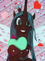 Size: 800x1080 | Tagged: safe, artist:feuerrader-nmm, character:queen chrysalis, species:changeling, 3d, abstract background, changeling queen, cute, cutealis, female, heart, heart pillow, hug, looking at you, pillow, pillow hug, smiling, solo