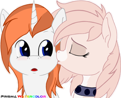 Size: 1620x1308 | Tagged: safe, artist:prismawatercolor, oc, oc only, oc:autumn cloud, oc:roxie æthera, species:alicorn, species:earth pony, species:pony, blushing, collar, cute, female, kiss on the cheek, kissing, male, shipping, simple background, transparent background