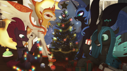 Size: 1920x1080 | Tagged: safe, artist:feuerrader-nmm, character:daybreaker, character:nightmare moon, character:princess celestia, character:princess luna, character:queen chrysalis, character:tempest shadow, species:changeling, species:pony, 3d, christmas, christmas lights, christmas tree, holiday, present, tree