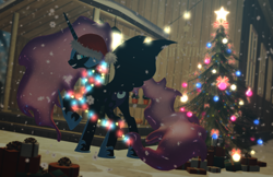 Size: 1700x1100 | Tagged: safe, artist:feuerrader-nmm, character:nightmare moon, character:princess luna, species:pony, 3d, christmas, christmas lights, christmas tree, clothing, female, hat, holiday, present, santa hat, snow, snowfall, solo, tree