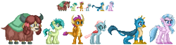 Size: 854x222 | Tagged: safe, artist:akumath, character:gallus, character:ocellus, character:sandbar, character:silverstream, character:smolder, character:yona, species:changeling, species:classical hippogriff, species:dragon, species:earth pony, species:griffon, species:hippogriff, species:pony, species:reformed changeling, species:yak, dragoness, female, male, pixel art, simple background, sprite, student six, transparent background