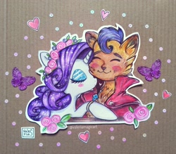 Size: 3556x3118 | Tagged: safe, artist:valeriamagicart, character:capper dapperpaws, character:rarity, species:anthro, species:pony, species:unicorn, ship:capperity, blushing, bust, butterfly, capperbetes, colored pencil drawing, cute, diamond, eyes closed, female, floral head wreath, flower, flower in hair, heart, high res, hoof ring, hug, jewelry, male, mare, portrait, raribetes, ring, shipping, smiling, straight, traditional art