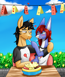 Size: 1600x1900 | Tagged: safe, artist:zachc, oc, oc only, species:pony, g4, my little pony: friendship is magic, clothing, couple, decoration, eating, female, food, hearts and hooves, ice cream, male, original species, shark, shark pony
