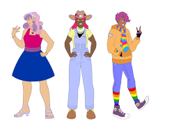 Size: 2732x2048 | Tagged: safe, artist:blacksky1113, artist:icey-wicey-1517, edit, character:apple bloom, character:scootaloo, character:sweetie belle, species:human, agender, agender pride flag, badge, bandana, belt, bisexual pride flag, boots, bracelet, clothing, collaboration, color edit, colored, converse, cowboy boots, cowboy hat, cutie mark crusaders, dark skin, dress, ear piercing, earring, eyebrow piercing, eyes closed, feet, female, fingerless gloves, flower, gay pride flag, gloves, grin, hairband, hat, headcanon, heart, high heels, hoodie, humanized, jeans, jewelry, lesbian pride flag, lgbt headcanon, lipstick, male, nail polish, necklace, nose piercing, older, older apple bloom, older cmc, older scootaloo, older sweetie belle, open mouth, overalls, pants, piercing, pride, pride flag, rainbow socks, ring, rule 63, scarf, scooteroll, sexuality headcanon, shirt, shoes, simple background, smiling, socks, striped socks, suspenders, t-shirt, trans male, transgender, transgender pride flag, transparent background, wall of tags