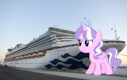 Size: 2244x1408 | Tagged: safe, artist:cloudyskie, edit, character:diamond tiara, species:alicorn, species:pony, alicornified, cruise ship, diamond princess, female, filly, highrise ponies, irl, jewelry, photo, ponies in real life, race swap, ship, solo, tiara, tiaracorn