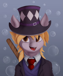 Size: 1173x1430 | Tagged: safe, artist:batsdisaster, character:derpy hooves, species:earth pony, species:pony, bubble, clothing, crossover, female, hat, jojo's bizarre adventure, necktie, ponified, robert eo speedwagon, scar, smiling, solo, speedwagon, suit, top hat