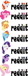 Size: 1493x4017 | Tagged: safe, artist:v0jelly, character:applejack, character:fluttershy, character:pinkie pie, character:rainbow dash, character:rarity, character:twilight sparkle, oc, oc:karma, species:earth pony, species:pegasus, species:pony, species:unicorn, .svg available, banner, bust, eyes closed, female, logo, mane six, mare, open mouth, ponified, reddit, simple background, transparent background, vector