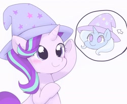 Size: 2048x1690 | Tagged: safe, artist:ginmaruxx, character:starlight glimmer, character:trixie, species:pony, species:unicorn, accessory swap, bipedal, blushing, clothing, cute, diatrixes, duo, female, glimmerbetes, hat, implied lesbian, implied shipping, implied startrix, mare, pointing, simple background, smiling, thought bubble, trixie's hat, weapons-grade cute, white background