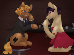 Size: 2732x2048 | Tagged: safe, artist:blacksky1113, species:earth pony, species:pony, episode:sparkle's seven, g4, my little pony: friendship is magic, alcohol, armband, bar, bar stool, bedroom eyes, betty boop, betty hoof, blank flank, blushing, clothing, coat, commission, dress, eyeshadow, female, flirting, glass, hat, hoof on cheek, lesbian, makeup, mare, marelene dietrot, marelene hoof, marlene dietrich, martini, martini glass, open mouth, raised hoof, shipping, shot glass, sitting, stool, suit, top hat