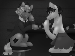 Size: 2732x2048 | Tagged: safe, alternate version, artist:blacksky1113, species:earth pony, species:pony, episode:sparkle's seven, g4, my little pony: friendship is magic, alcohol, armband, bar, bedroom eyes, betty boop, betty hoof, black and white, blank flank, blushing, clothing, coat, commission, dress, eyeshadow, female, flirting, glass, grayscale, hat, lesbian, makeup, mare, marelene dietrot, marelene hoof, marlene dietrich, martini, martini glass, monochrome, open mouth, raised hoof, shipping, shot glass, sitting, suit, top hat