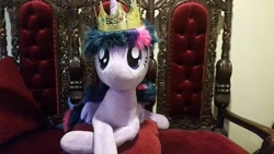 Size: 3264x1836 | Tagged: safe, artist:joltage, character:twilight sparkle, character:twilight sparkle (alicorn), species:alicorn, species:pony, crossed legs, crown, female, irl, jewelry, photo, pillow, plushie, regalia, royalty, solo, throne