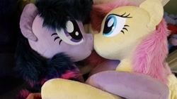 Size: 3264x1836 | Tagged: safe, artist:joltage, character:fluttershy, character:twilight sparkle, species:alicorn, species:pegasus, species:pony, ship:twishy, boop, embrace, female, irl, kissing, lesbian, noseboop, photo, plushie, shipping