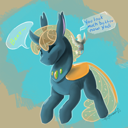 Size: 1234x1234 | Tagged: safe, artist:scruffasus, oc, oc only, oc:der, oc:xodious, species:changeling, species:reformed changeling, dialogue, duo, metamorphosis, yellow changeling