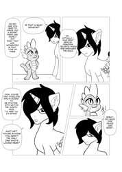 Size: 3679x5154 | Tagged: safe, artist:darkstorm mlp, character:spike, oc, oc:wishing star, species:dragon, species:pony, species:unicorn, comic:friendship reborn, black and white, grayscale, male, monochrome, simple background, stallion, stippling, white background