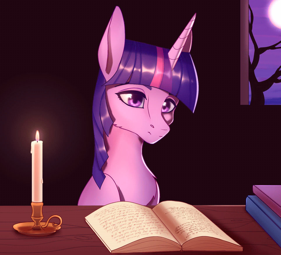Size: 965x877 | Tagged: safe, artist:dumddeer, character:twilight sparkle, species:pony, animated, book, candle, female, gif, magic, mare, moon, reading, solo, telekinesis