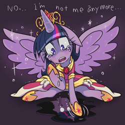 Size: 1300x1300 | Tagged: safe, artist:gashi-gashi, character:twilight sparkle, character:twilight sparkle (alicorn), species:alicorn, species:pony, alicorn drama, big crown thingy, body dysmorphic distress, clothing, coronation dress, crown, crying, drama, dress, elements of harmony, female, floppy ears, horseshoes, i never asked for this, jewelry, mare, princess shoes, reflection, regalia, solo, spread wings, wings