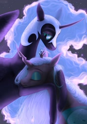 Size: 1920x2716 | Tagged: safe, artist:pessadie, character:nightmare moon, character:princess luna, character:queen chrysalis, species:changeling, species:pony, ship:chrysmoon, changeling queen, female, lesbian, shipping