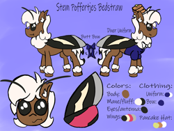 Size: 1600x1200 | Tagged: safe, artist:stemthebug, oc, oc only, oc:stem bedstraw, species:mothpony, cute, hybrid, male, moth, original species, outfit, reference sheet