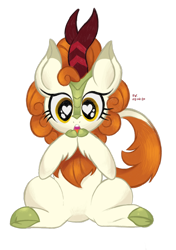 Size: 1280x1814 | Tagged: safe, artist:theratedrshimmer, character:autumn blaze, species:kirin, awwtumn blaze, cloven hooves, cute, female, heart eyes, simple background, sitting, solo, transparent background, wingding eyes