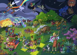 Size: 1920x1381 | Tagged: safe, artist:leavingcrow, character:applejack, character:derpy hooves, character:discord, character:dj pon-3, character:fluttershy, character:octavia melody, character:pinkie pie, character:princess celestia, character:princess luna, character:rainbow dash, character:rarity, character:spike, character:starlight glimmer, character:trixie, character:twilight sparkle, character:twilight sparkle (alicorn), character:vinyl scratch, character:winona, species:alicorn, species:dragon, species:earth pony, species:human, species:pegasus, species:pony, species:unicorn, basket, bipedal, bull, converse, dancing, easel, fireworks, guitar, hot air balloon, lasso, mane seven, mane six, mouth hold, musical instrument, picnic, picnic basket, picnic blanket, rope, shoes, tribute