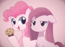 Size: 2048x1492 | Tagged: safe, artist:ginmaruxx, character:pinkamena diane pie, character:pinkie pie, species:earth pony, species:pony, cute, diapinkes, duality, female, food, holding, hoof hold, looking at you, muffin, open mouth, pink background, ponidox, self ponidox, simple background, smiling, solo