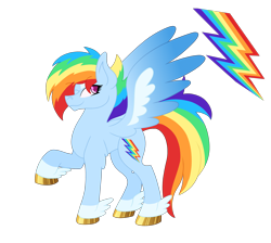 Size: 2422x2172 | Tagged: safe, artist:musical-medic, character:rainbow dash, species:pegasus, species:pony, g5 leak, leak, cutie mark, female, hooves, mare, rainbow dash (g5), raised hoof, redesign, simple background, solo, spread wings, transparent background, wings