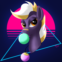 Size: 1500x1500 | Tagged: safe, artist:jphyperx, oc, oc:wildheart, species:earth pony, species:pony, bandaid, bedroom eyes, bubble, bubblegum, bust, food, gum, jewelry, looking at you, necklace, portrait, retro, retrowave, signature, sun, triangle